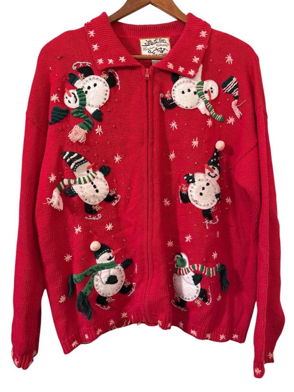 Vintage Heirloom Snowman Christmas Cardigan Zip Sweater Medium